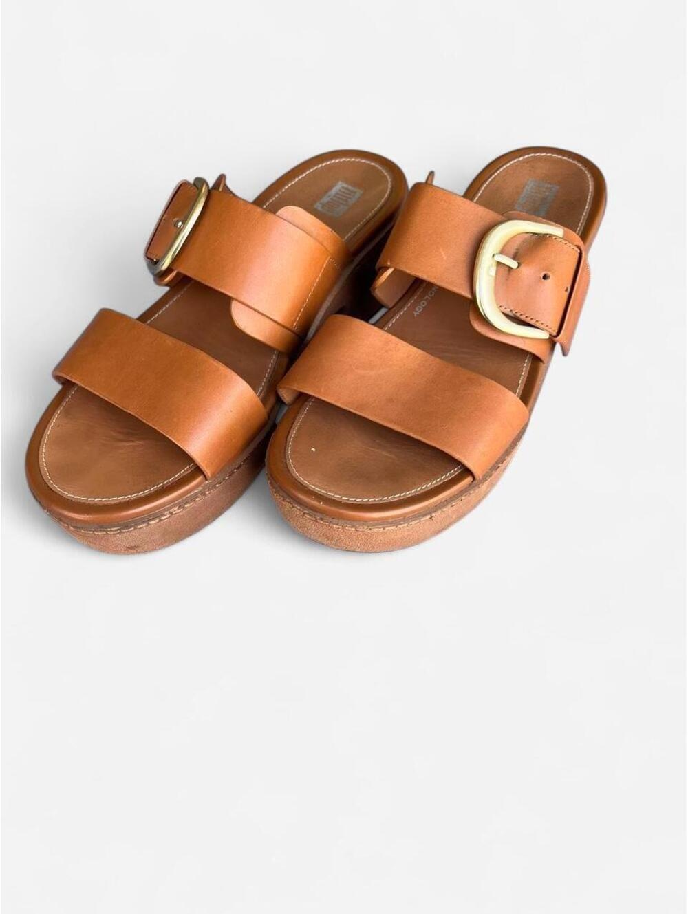 Fit Flop Pilar slip on light brown Leather sandals wide strap chunky heel